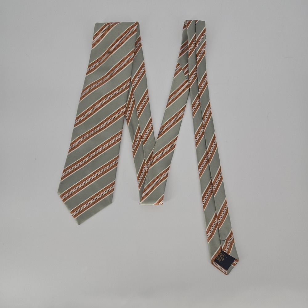 Henry Jacobson Silk Tie Handmade‎ Sage Green Orange Stripe Classic Mens Necktie